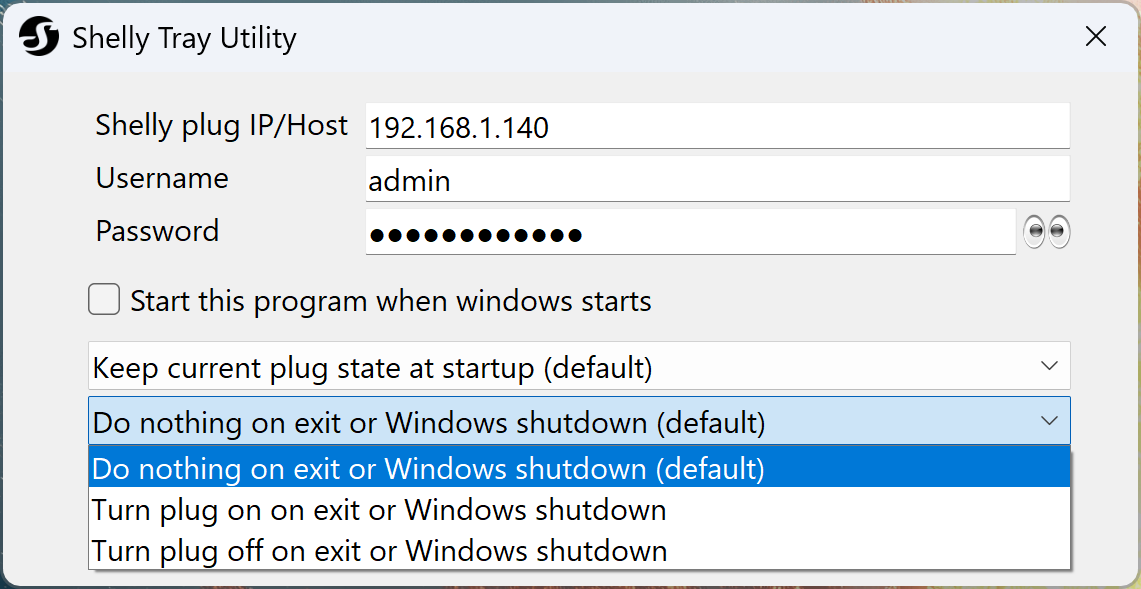 Shelly Tray - settings window