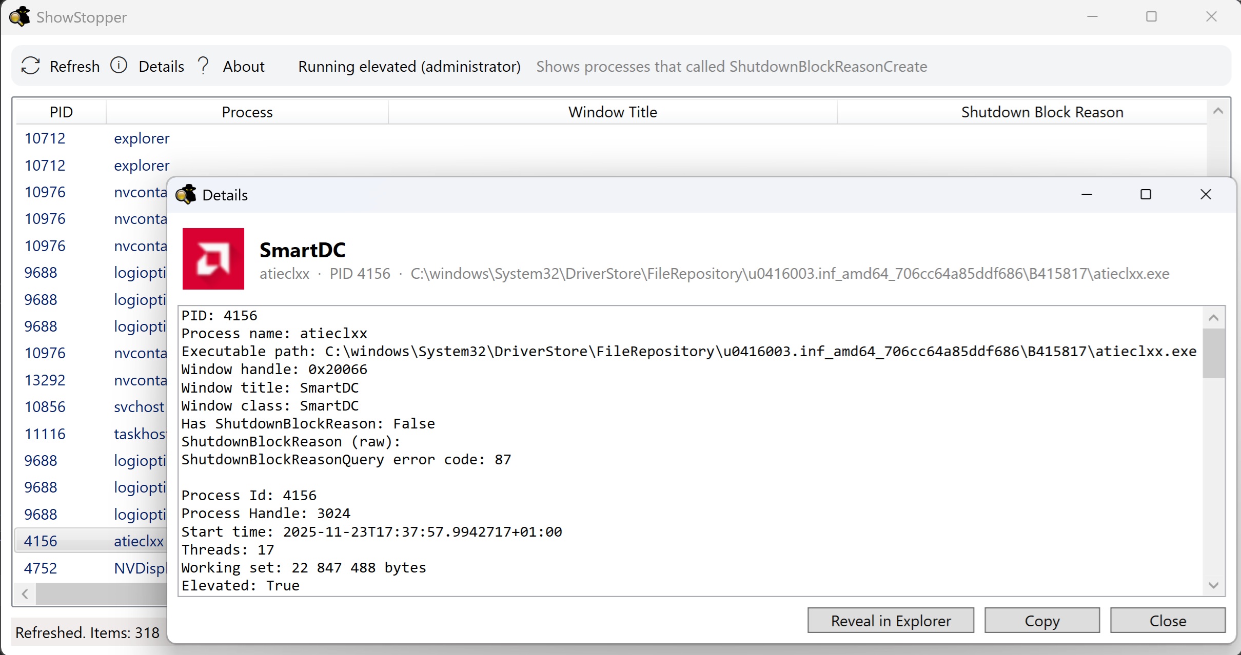 ShowStopper main window listing shutdown blockers