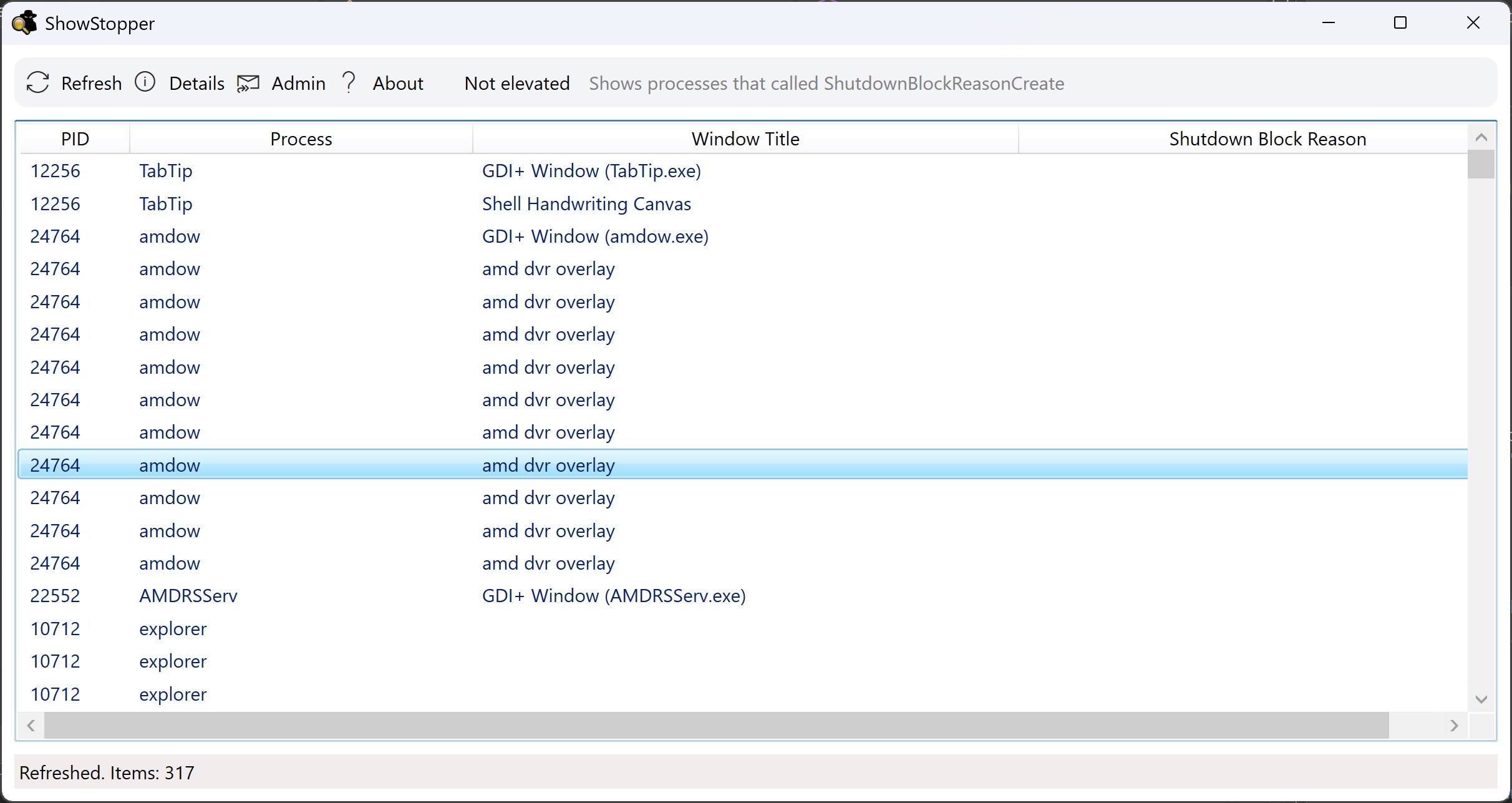 ShowStopper details dialog with process information